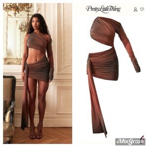 PLT LABEL RUST OMBRE PRINT LINED SLINKY CUT OUT RUCHED BODYCON DRESS